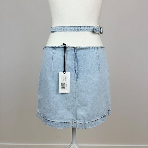 WeWoreWhat Cutout Denim Skirt Mini High Waist Light Blue Buckle Large NWT - Picture 6 of 11